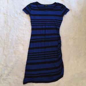 Striped Short Sleeve Soft Stretchy Ruched Dress, L